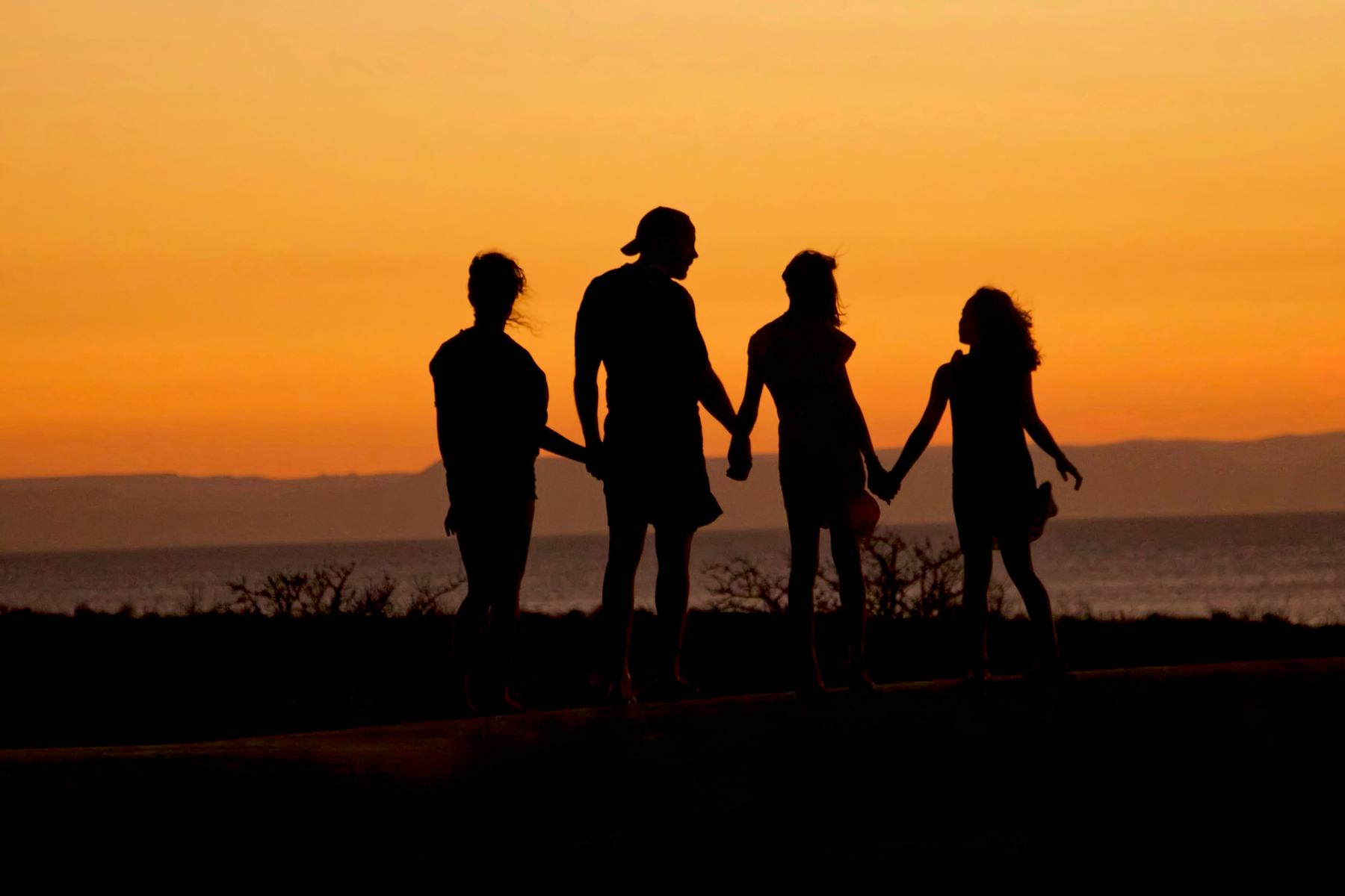 Silhueta de uma família de mãos dadas ao pôr do sol